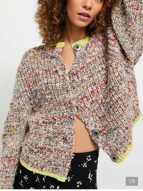 Free People- Walk on my Cardigan-Multicolor Knit Cardigan with Neon Yellow Trim